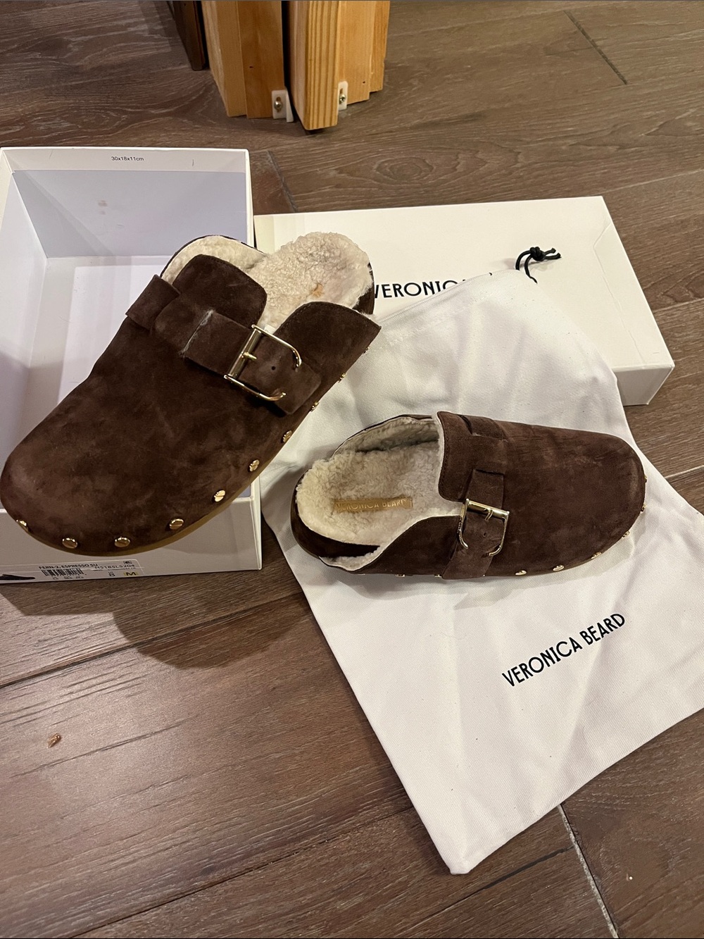 Veronica Beard Dark Brown Suede Shearling Clog Mules with Gold Studs
New in Box - Picture 5 of 5